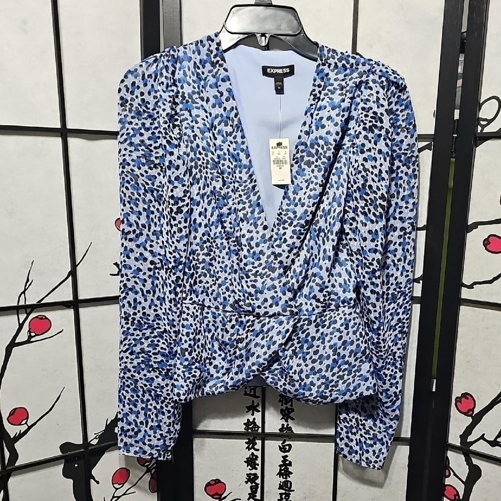 Express Blue Leopard Print Blouse Size XS NWT